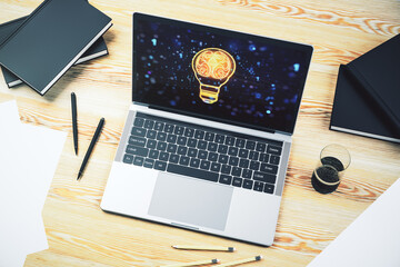 Aufkleber - Creative idea concept with light bulb and human brain illustration on modern laptop screen. Neural networks and machine learning concept. 3D Rendering
