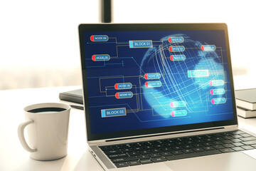 Poster - Modern computer display with abstract programming language hologram and world map, artificial intelligence and neural networks concept. 3D Rendering