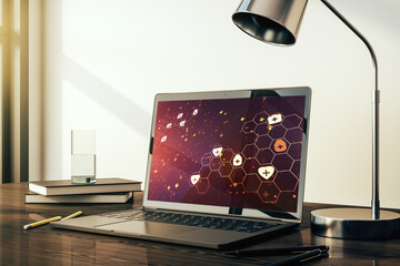 Poster - Creative abstract medical hologram on modern computer monitor, online medical consulting concept. 3D Rendering