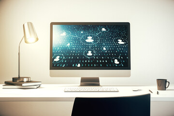 Aufkleber - Modern computer monitor with social network icons concept. Marketing and promotion concept. 3D Rendering