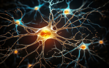 Poster - Digital illustration of a neuron cell with detailed dendrites and axon on a dark background, representing neural network activity and brain function