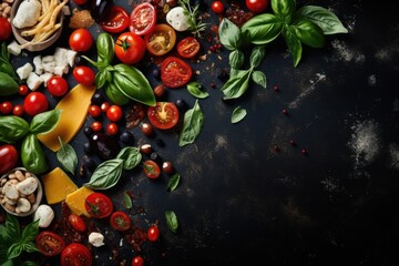 Wall Mural - A variety of different types of food arranged on a black table. Perfect for food and dining-related concepts