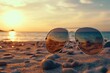 Sunglasses sitting on top of a sandy beach. Perfect for summer vacation or beach-themed projects