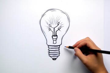 Poster - A person is seen drawing a light bulb on a piece of paper. This image can be used to represent creativity, innovation, ideas, and brainstorming