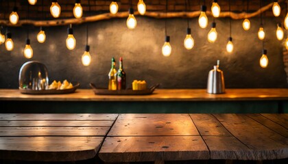 Wall Mural - rustic empty wooden table vintage pub interior dark wood counter restaurant space abstract bar scene