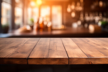 Wall Mural - Wooden table on blurred kitchen