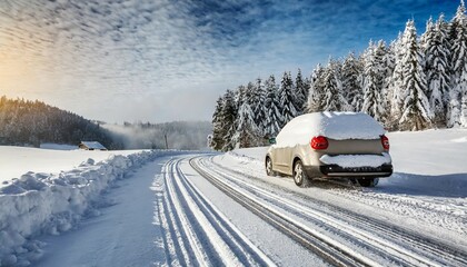 Wall Mural - car on winter road covered with snow