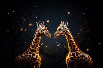 Poster - Giraffe couple in love on dark background