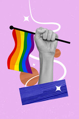 Sticker - Concept of support lgbt rights in world collage hands holding lesbian gay bisexual transgender symbol multicolor flags over pink background