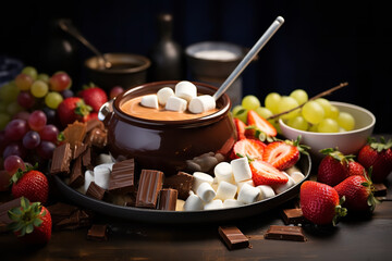 Wall Mural -  An indulgent chocolate fondue setup with a variety of fruits and marshmallows, perfect for a delightful dipping experience.
