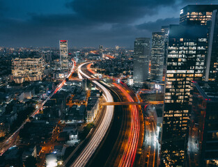 Wall Mural - Tel Aviv big city night aerial view. Ayalon highway, long exposure