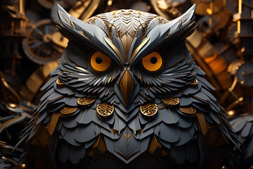 Poster - An imaginative rendering of a cubic owl, its wise and watchful eyes set within a charming arrangement of angular shapes.