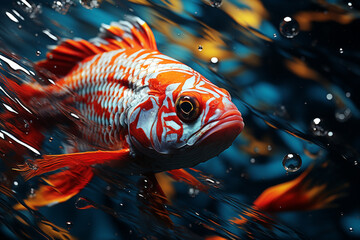 Poster - A vibrant depiction of a cubic fish, its scales formed by intricate geometric patterns, swimming in an abstract aquatic environment.