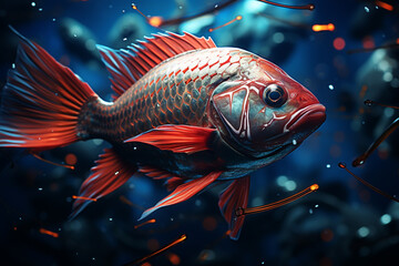 Poster - A vibrant depiction of a cubic fish, its scales formed by intricate geometric patterns, swimming in an abstract aquatic environment.