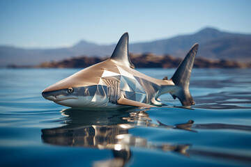 Poster - An artistic representation of a cubic dolphin, its streamlined body transformed into a captivating geometric composition against an oceanic backdrop.