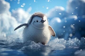 Poster - A playful depiction of a cubic penguin, waddling across an abstract icy landscape, its monochromatic form adding a touch of elegance.