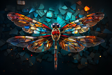 Aufkleber - An imaginative artwork featuring a cubic dragonfly, its delicate wings and body reimagined with geometric precision in a vibrant display of color.