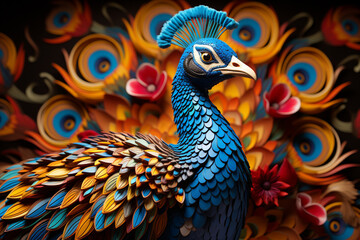Poster - A vibrant depiction of a cubic peacock, its ornate feathers brought to life with a stunning array of geometric patterns and shapes.