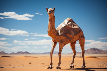 Poster - an imaginative rendering of a cubic camel, its stoic presence and desert habitat captured through a 