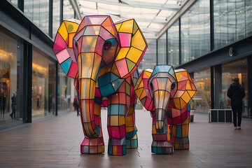 Poster - A vibrant depiction of a cubic elephant family, their interconnected forms and familial bonds showcased through a harmonious blend of shapes.