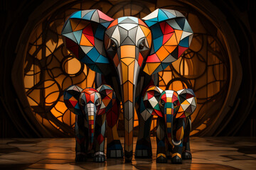 Aufkleber - A vibrant depiction of a cubic elephant family, their interconnected forms and familial bonds showcased through a harmonious blend of shapes.