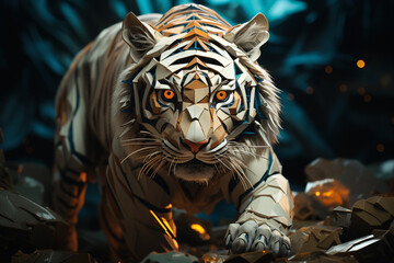 Poster - A dynamic illustration featuring a cubic tiger in a prowling stance, its powerful and majestic form defined by a captivating geometric arrangement.