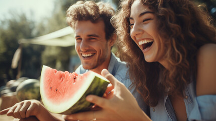 Wall Mural - Happy friends eating watermelon in park. 