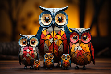Poster - A charming cubic owl family, perched on a tree branch and characterized by a delightful arrangement of geometric shapes and colors.