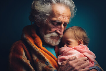 Wall Mural - Old grandfather holding baby in arms. Cute, lovely scene.