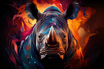 Aufkleber - A digital painting featuring a cubic rhinoceros, its sturdy and powerful silhouette captured through a bold arrangement of geometric elements.
