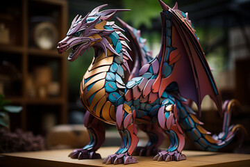 Poster - A playful depiction of a cubic dragon, its mythical and majestic form brought to life through an enchanting composition of geometric elements.