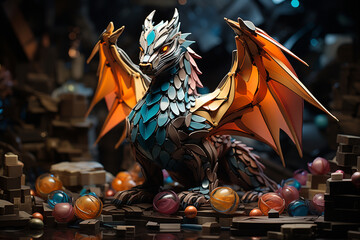 Poster - A playful depiction of a cubic dragon, its mythical and majestic form brought to life through an enchanting composition of geometric elements.
