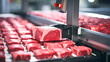 Meat processing in food industry. Raw meat cuts on a industrial conveyor belt.
