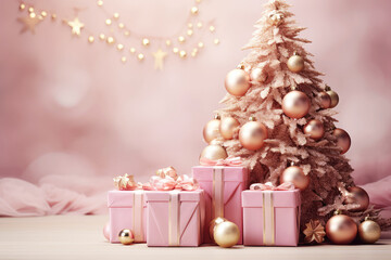 Wall Mural - Merry Christmas background with pink festive gift boxes and Christmas balls. Holiday pink Christmas and New Year composition with copy space.