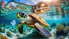 Sea Turtle Encounters Plastic Bag In Oceanic Waters