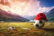 Landscape of the foot of the mountain. Close up of soccer ball with Santa hat on it and sunset. Green grass in the meadow.