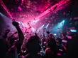 © aporn - Disco People enjoying a party night club neon pink light Group of dancing friends enjoying night festival party are dancing in club. Nightlife