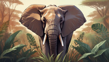 An Close Up Impressive African Elephant Standing In The Lush Jungle, Exotic Flowers And Planty Environment