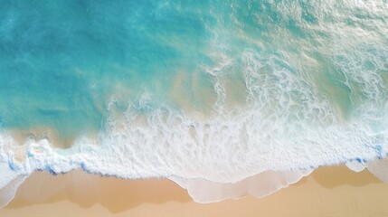 Sticker - Sea and beach aerial view, Top view, amazing nature background. A beautiful strip of white sand surrounded by crystal clear water. Aerial view of the sandy beach near the sea with waves 