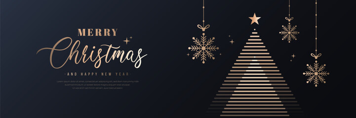 Wall Mural - Merry christmas and happy new year banner. Elegant golden line christmas tree, snowflake decoration, star on dark background. Luxury xmas greeting card design. Vector Illustration