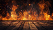 Wooden surface foreground with intense flames, ideal for product display. Concepts on danger, heat, or destruction. Perfect for presentations, awards, or showcasing items. AI Generative