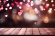 Empty wooden table and blurred Valentines day background. Generative AI