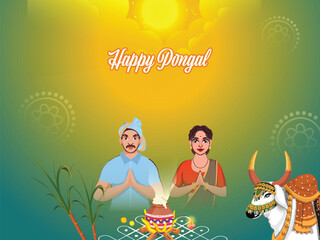 Sticker - Happy Pongal Wishes with South Indian Couple Greeting Doing, Traditional Dish (Rice) Cooking at Bonfire, Ox Character and Sugarcane on Shiny Sun Yellow and Green Gradient Background.