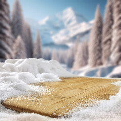 Wall Mural - Wooden desk cover of snow flakes and blurred landscape of mountains. Cold december day. Empty space for your products. Mockup background and christmas time. Natural light. Snow and frost decoration.