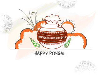 Sticker - Doodle Style Mud Pot Full of Traditional Dish with Sugarcane, Wheat Ears, Brush Effect Deity Surya on White Mandala Background For Happy Pongal Concept.