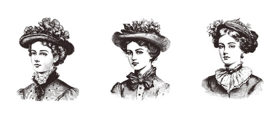 Set Vector portrait of a woman. Vintage Illustration in engraving style isolated on white victorian era Elegant woman in Hat	
