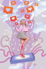 Sticker - Artwork magazine collage picture of lucky excited lady getting many social media likes isolated drawing background