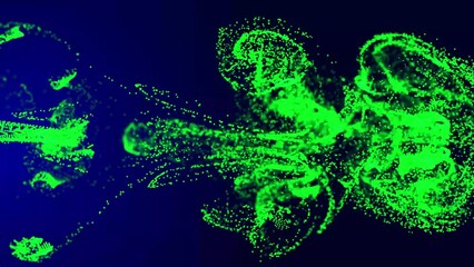 Poster - Green fluid particle dots are flowing in the animated video. Animation of glowing fluid particles flowing with a dark background; abstract background with animation of flickering liquid particles