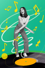 Poster - Vertical collage poster satisfied dancing sing girl stand vinyl disk have fun time retro music oldschool party green drawing background