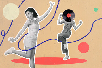 Wall Mural - Picture poster banner happy two cheerful girls friends besties dance headless vinyl disk celebrate enjoy party drawing background